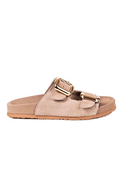 VİVENS MODA Women's Beige Suede Double Buckle Orthopedic Daily Slippers
