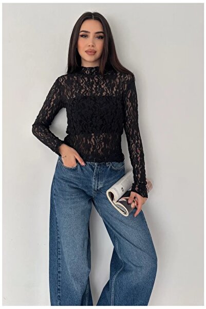 Buklemoda Bluză de damă din dantelă cu model floral transparent