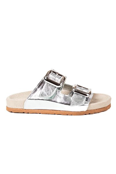 VİVENS MODA Women's silver double buckle orthopedic everyday slippers