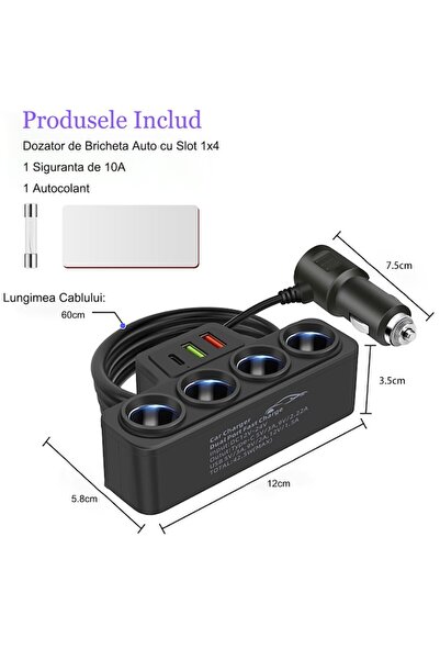 OEM Adaptor de alimentare auto, 4 prize bricheta AUTO, încărcare rapidă USB, QC 3.0