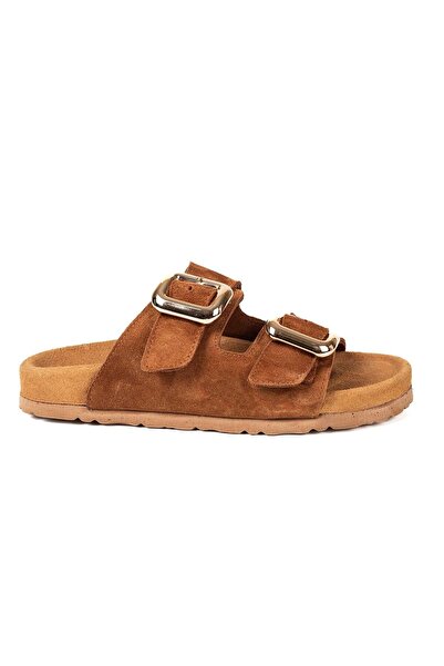 VİVENS MODA Women's Tan Suede Double Buckle Orthopedic Daily Slippers
