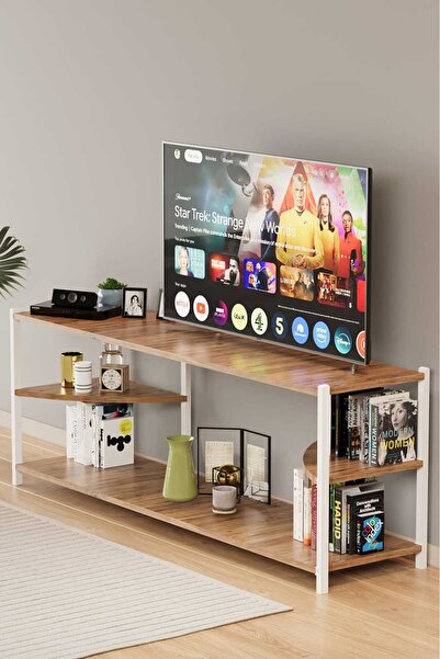 WOODENSA 2 Raflı Tv Sehpası Raflı Tv Ünitesi Metal Kitaplıklı Televizyon Sehpası