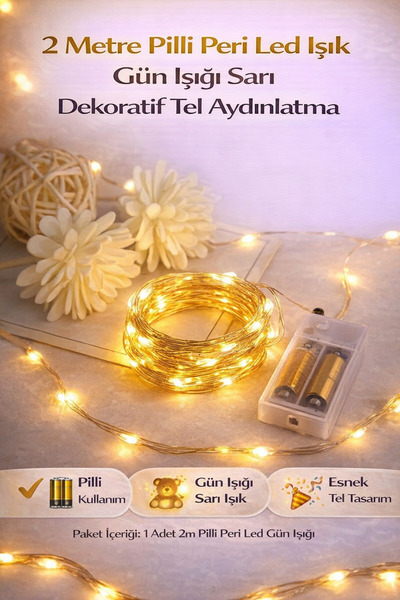 Hane Dostu 2 Metre Pilli Peri Led Işık Gün Işığı Sarı Dekoratif Tel Aydınlatma