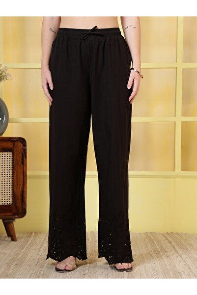 RUE COLLECTION By Styli Women Black Embroidered Hem Wide Leg Trousers