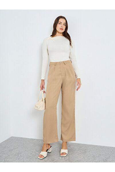 Styli Women Khaki Pinstripe Wide Leg Trousers