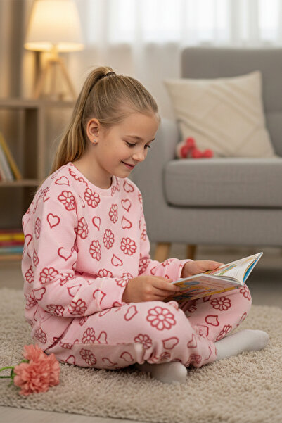 Fulla Moda Çiçek Ve Kalp Desenli Kız Çocuk 2 Li Polar Takım