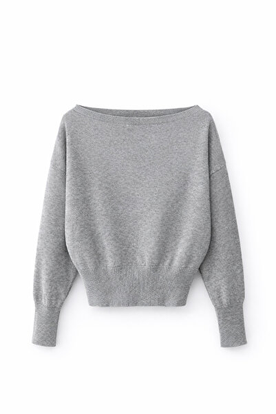 Mixray 6988 women's asymmetric rib cut boat neck knit sweater antique grey