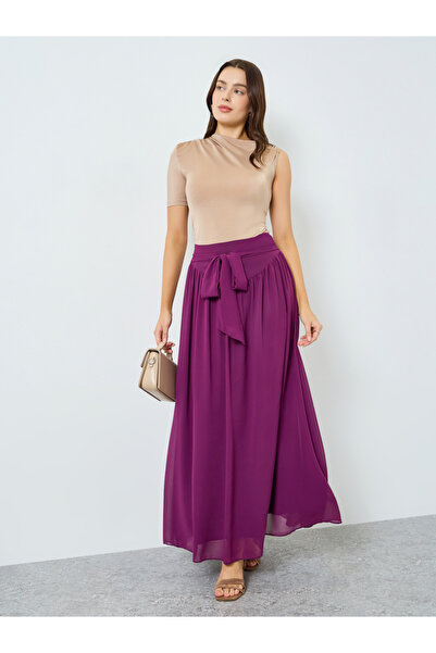 Styli Women Burgundy A-Line Maxi Skirt with Waist Tie