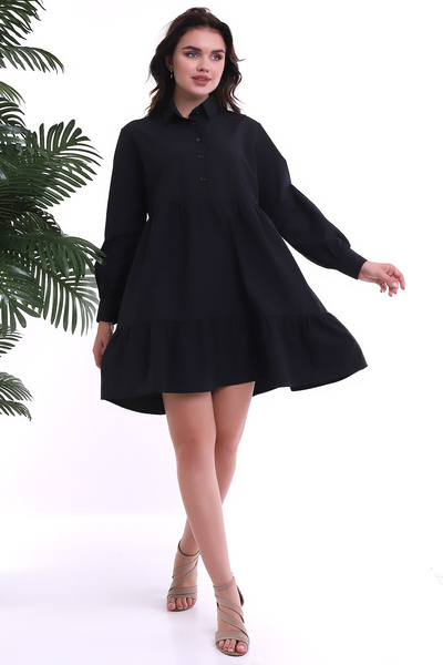 CARLA MARA Terrycotton Shirt Collar Placket Layered Long Sleeve Dress Black