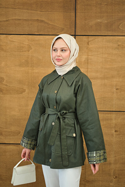 LOCCO Women's Wrists Look Plaid Trench Green