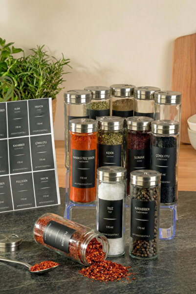 Poomy 12-Piece Glass Spice Jar Set - 170 ml Black Label Spice Set & Organizer...