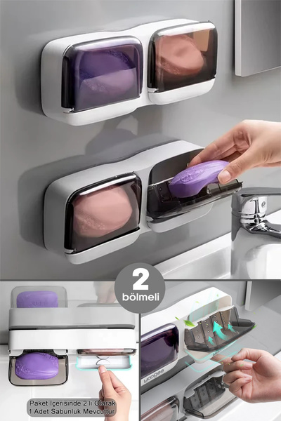Tilbe Home 2 Bölmeli Su Tutmaz Sabunluk Yapışkanlı Duvara Monte Şeffaf Kapakl...