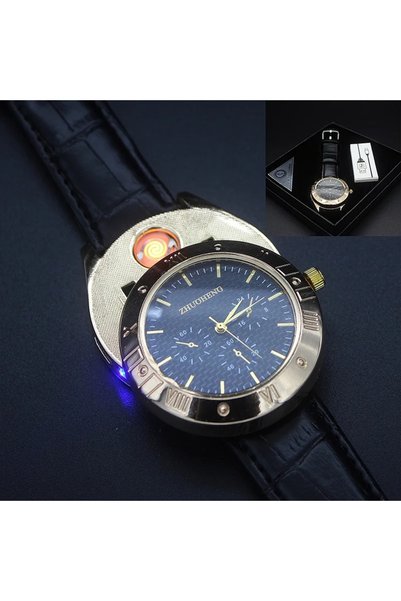 NO BRAND Cigarette Lighter Watch | Casual USB Charging Lighter with Heating Wire for Men (Golden)