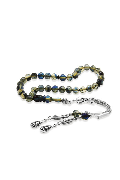 Tesbihane سبحة من حجر العنبر الناري - معدن لا يسود - مع شراشيب - بطول المعصم ...