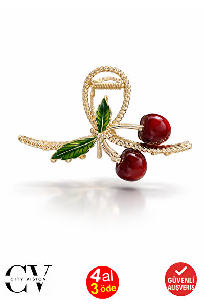 cityvision Kiraz ve Yaprak Figürlü Altın Renk Metal Mandal Saç Tokası 11 cm -...