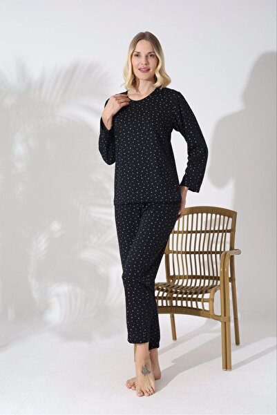 PİJART Μαύρο βαμβακερό σετ γυναικείας πιτζάμα με μακρυμάνικο πλεκτό σχέδιο με...