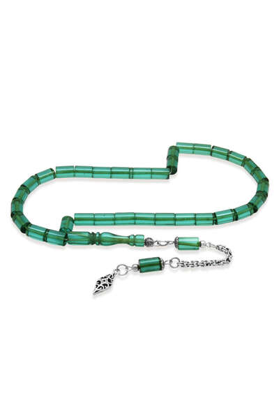 Tesbihane Ateş Kehribar Tesbih - Kararmaz Metal Püsküllü - Turkuaz Mavi - Kes...
