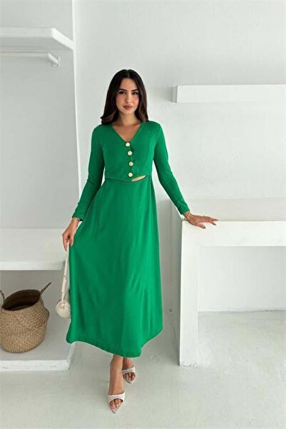Dipmoda Women's Button Detailed Green V-Neck Low-Cut Waist Midi Length Dress ...