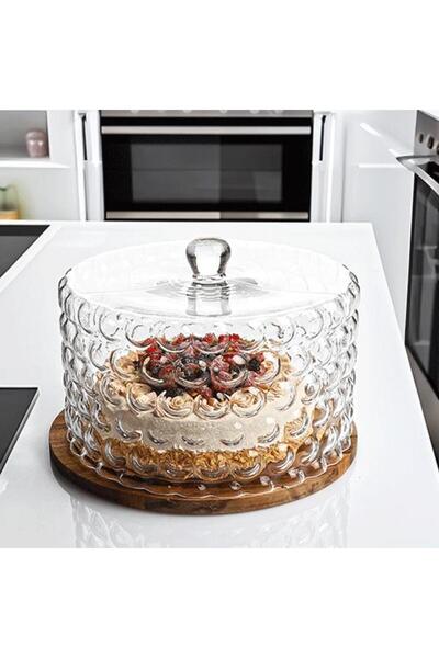 Kosova Glass Paste Stand Acacia Base Bubble Pattern 28 cm Anh-02