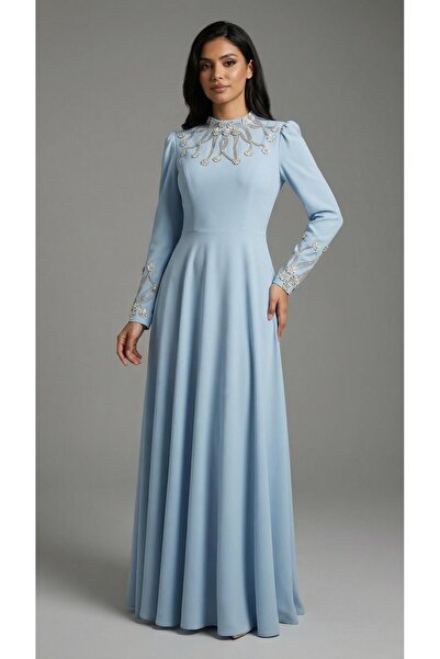 MİSS DİAMOND Elegant blue long evening dress with crystal embellishments