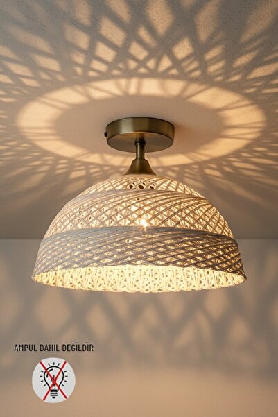 Bamyum Bohem Recycle İplik Jüt El Yapımı Krem Piramit Plafonyer Başlık Tekli ...