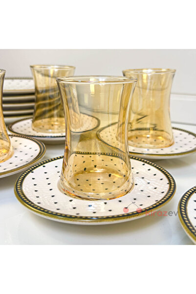 KirazEv 18 Parça Siyah Kalpli, Pasta Tabaklı Çay, Sunum, Servis Seti