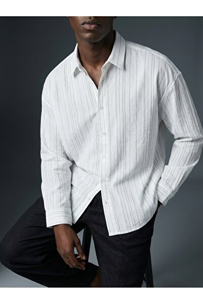 KHAYN Men's Striped Oversize Modal Fabric Long Sleeve No-Iron Basic Shirt K3009G