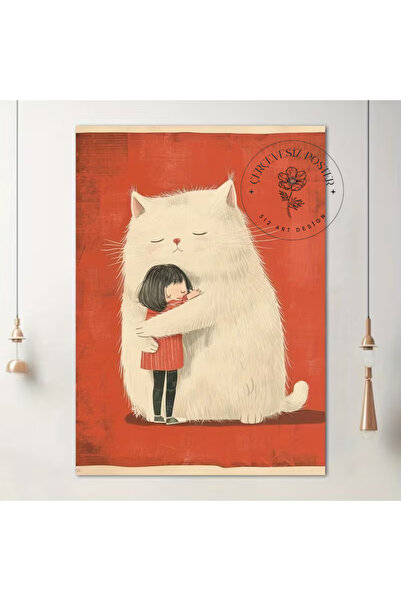 512 STORE Estetik İllüstrasyon Kedi Çocuk Tasarım Duvar Dekor Çerçevesiz Kuşe...