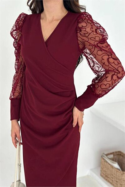 Dipmoda Rochie de damă lungime midi burgundy cu mâneci detaliu din tul talie ...