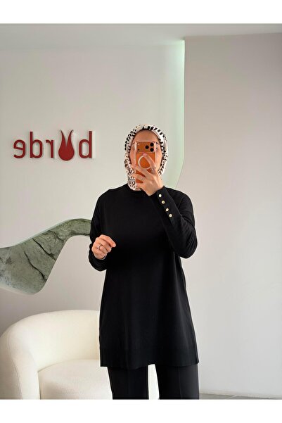 İkoll Siyah Renk Kol Manşeti Düğmeli Triko Tunik