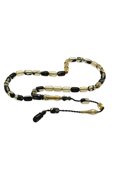 Tesbihane سبحة من حجر العنبر الناري - منظمة - حجم صغير - أبيض وأسود - قطع كبسولي