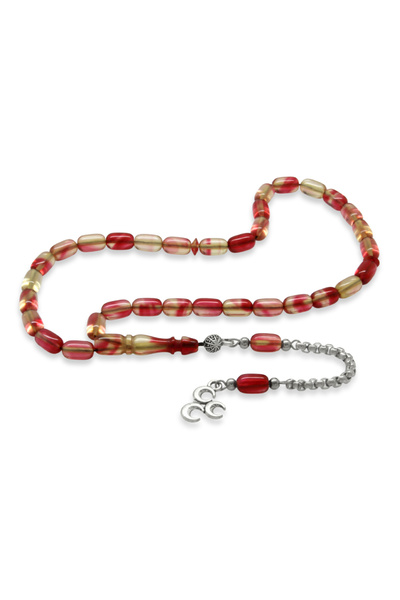 Tesbihane سبحة من حجر العنبر الناري - مع شراشيب معدنية لا تفقد بريقها - حجم ص...