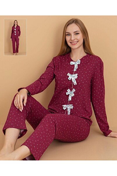 Eta Collection Women's Bow Detail Patterned Pajama Set – Long Sleeve Comforta...