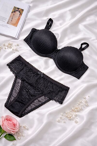 MILANOFOX Lace Detailed Strapless Push up Padded Bra Panty Set Premium Everyd...