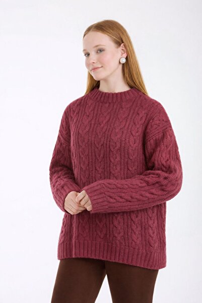 İLKCET MODA Thessaloniki Knitted Plum Oversized Knitwear Women's Long Sweater