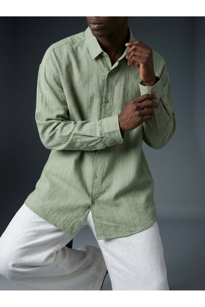 KHAYN Men's Striped Oversize Modal Fabric Long Sleeve No-Iron Basic Shirt K3009G