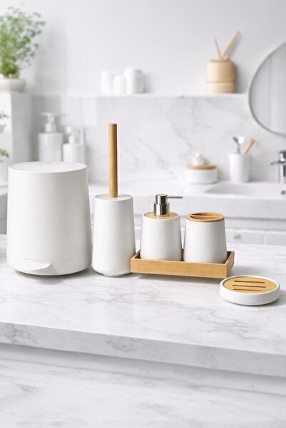 Evsun Home Collection Bamboo Bathroom Set Round 6 Pieces (6.5Lt Automatic Pump)