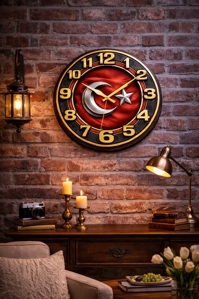 RARE DESIGN'S Milli Asalet -Türk Bayraklı Gold Detaylı Duvar Saati 40 cm | 3D...