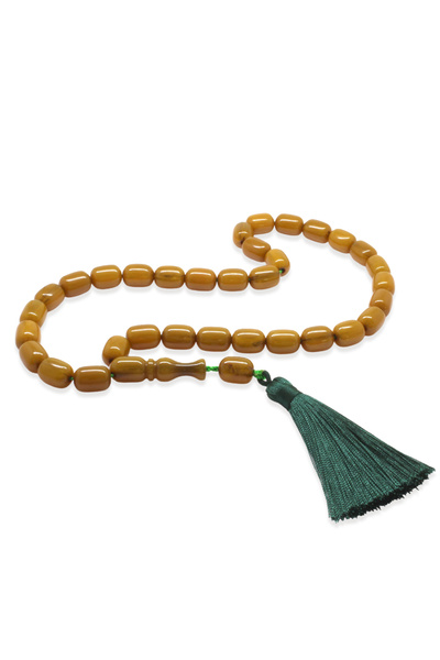 Tesbihane سبحة من خشب العنبر - مزينة بشراشيب على الطراز العثماني - لون خردل م...