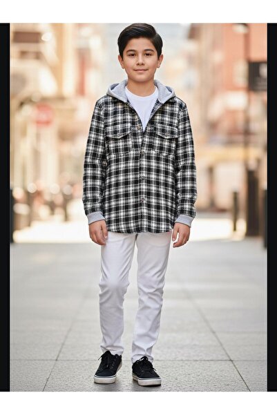 Gala Hooded Plaid Unisex Children's Shirt with Elasticated Sleeves