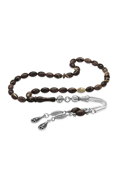 Tesbihane سبحة من حجر العنبر الناري - معدن لا يسود مع شراشيب - إبرولي - حجم ص...