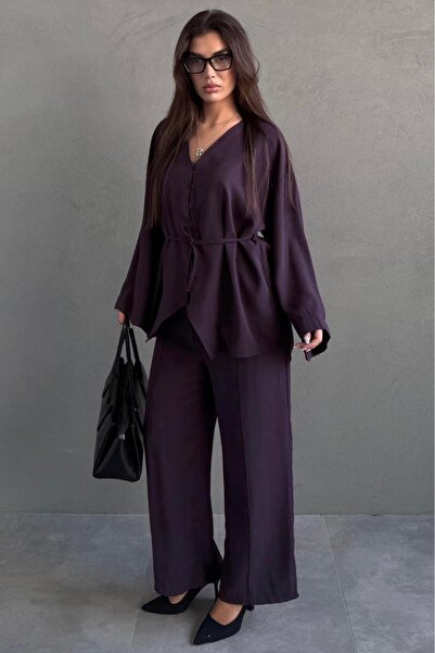 Madmext Set de damă din modal dublu, cu decolteu în V, cu nasturi, cu centură...