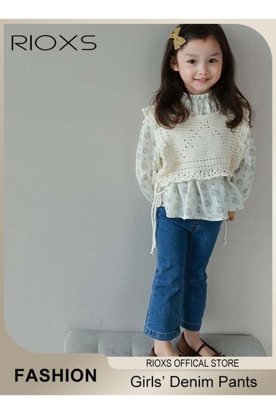 RIOXS Girls Casual Elastic Waist Denim Pants, Fashionable Bell Bottom Pants, ...