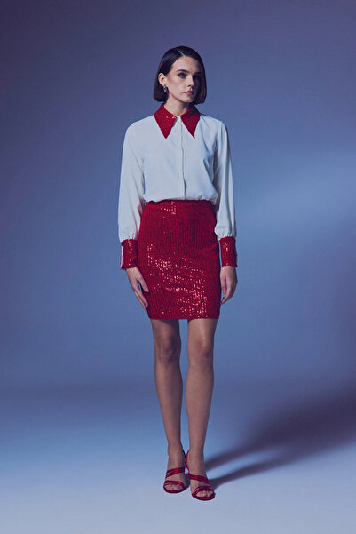 Sateen Red Sequined Mini Skirt
