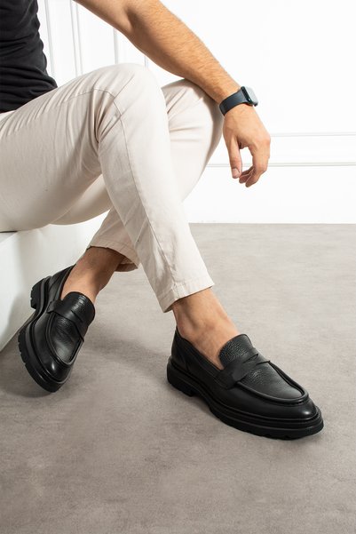 YAREL AYAKKABI Men's Black Genuine Leather Bowknot Eva Non-Slip Sole Casual Loafer Shoes