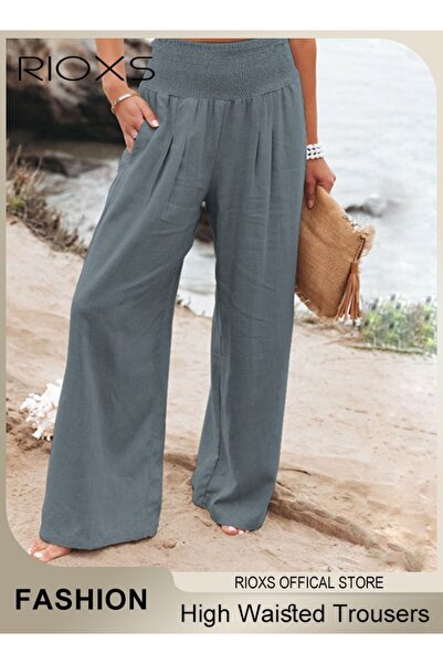 RIOXS Casual Wide Leg Trouser, Cotton Linen Trouser for Women, Comfy Elastic ...