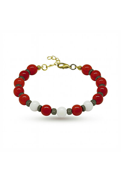 Tesbihane Gold Color Metal Chain Sphere Cut Red White Jade Agate Hematite Nat...