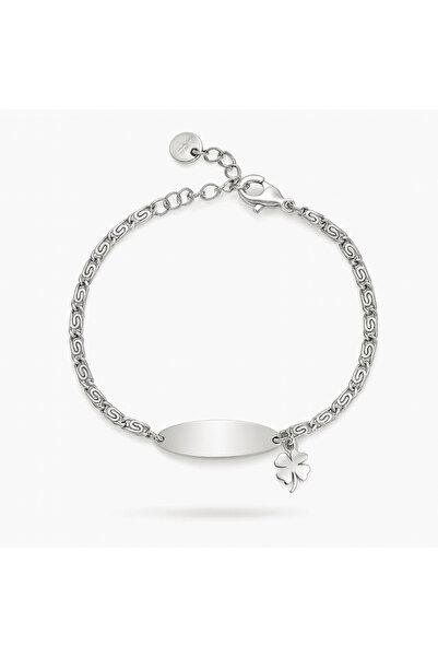 Tesbihane Çocuk Çelik Bileklik - İsme Özel Yazılı - Gümüş Renk - Yonca Yaprağ...