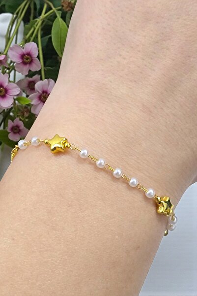 NBS Beautiful Naturel Stones سوار فولاذي ذهبي اللون على شكل نجمة لؤلؤية