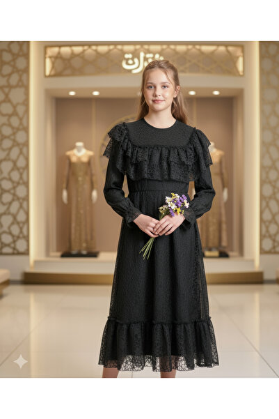 HÇ Hülya Çelik KİDSWEAR 2018 Rochie pentru fetiță din dantelă neagră cu mânec...